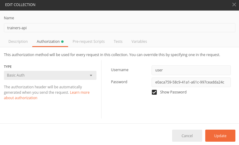 postman edit collection authorization